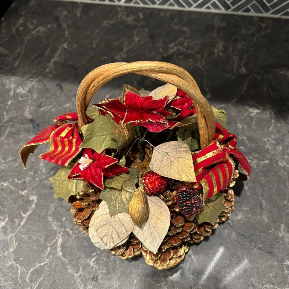 ❗️Crate & Barrel Festive Pinecone Basket with Red Accents